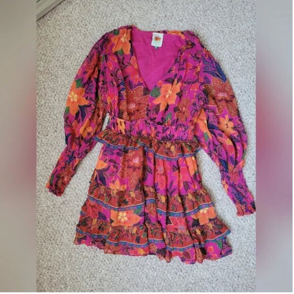 Farm Rio Tropical Tapestry Colorful Long Sleeve Mini Dress size M - Picture 9 of 9